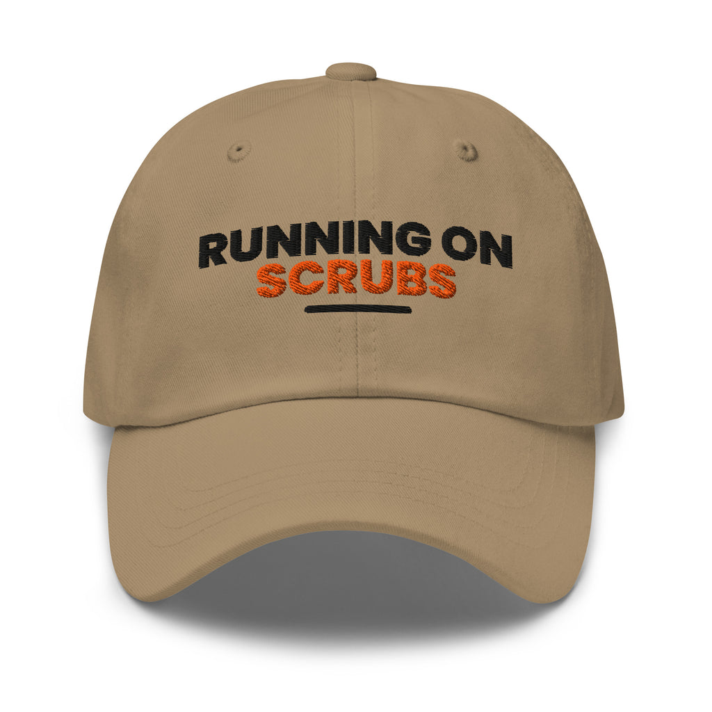 Running On Scrubs funny nurse dad hat in Khaki, front view
