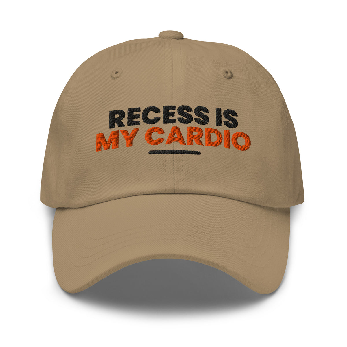 Recess Is My Cardio funny teacher dad hat in Khaki, front view