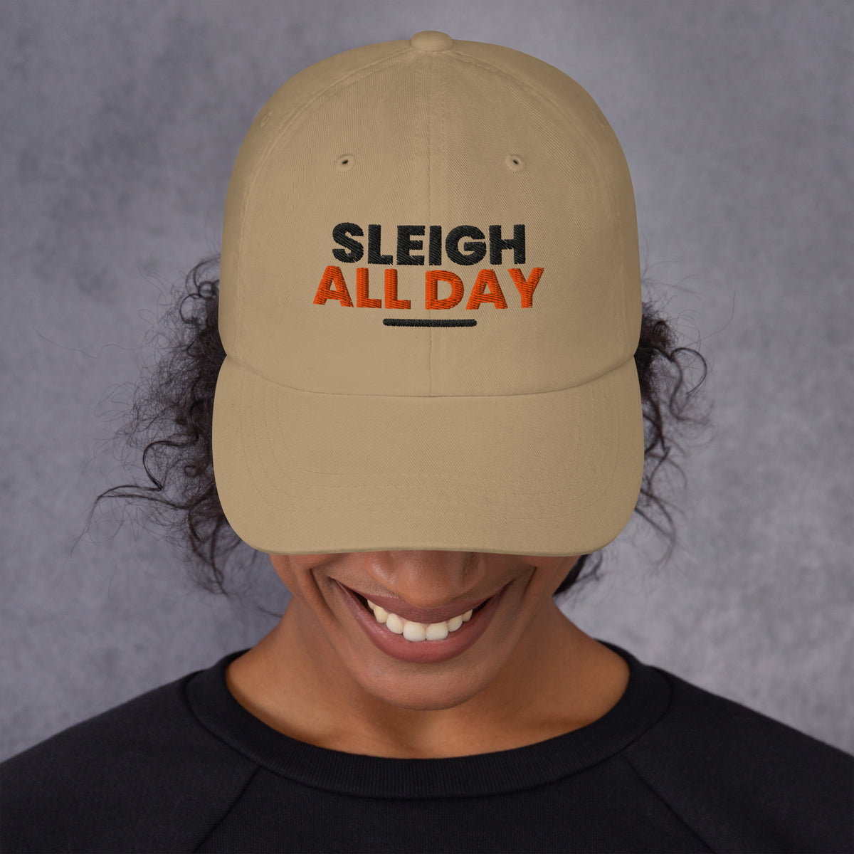 Sleigh All Day funny Christmas dad hat in Khaki, front view