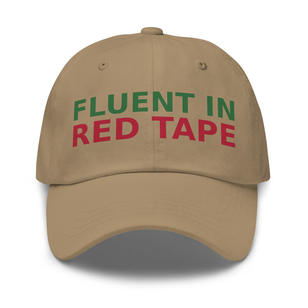 Fluent In Acronyms & Red Tape funny coworker dad hat in Khaki, front view