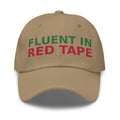 Fluent In Acronyms & Red Tape funny coworker dad hat in Khaki, front view