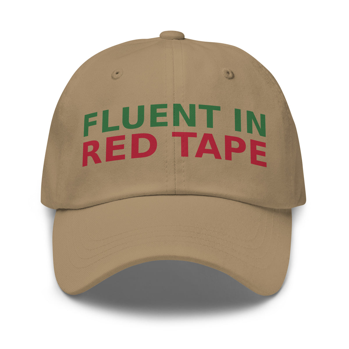 Fluent In Acronyms & Red Tape funny coworker dad hat in Khaki, front view
