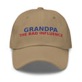 Grandpa: The Man, The Myth, The Bad Influence funny grandpa dad hat in Khaki, front view