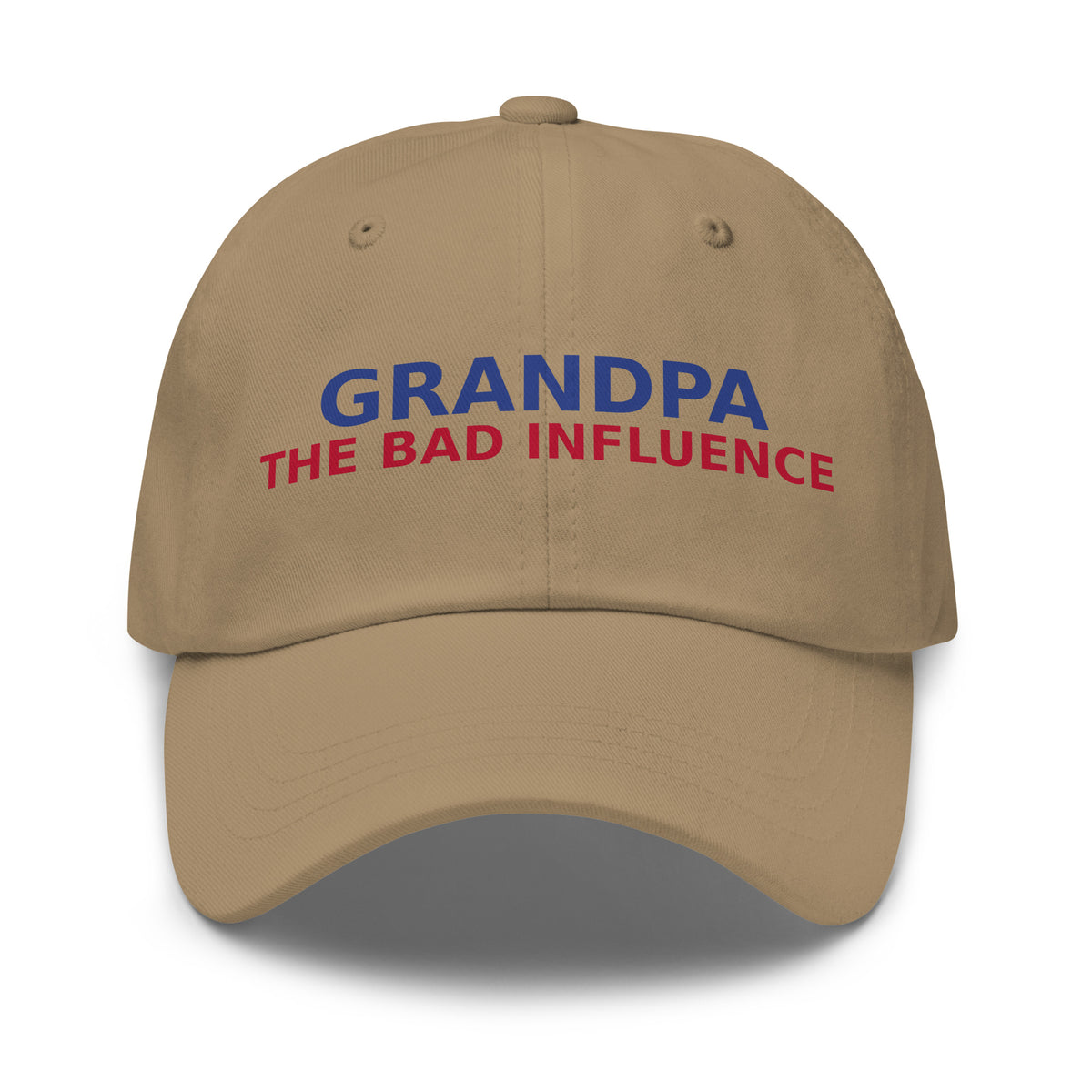 Grandpa: The Man, The Myth, The Bad Influence funny grandpa dad hat in Khaki, front view