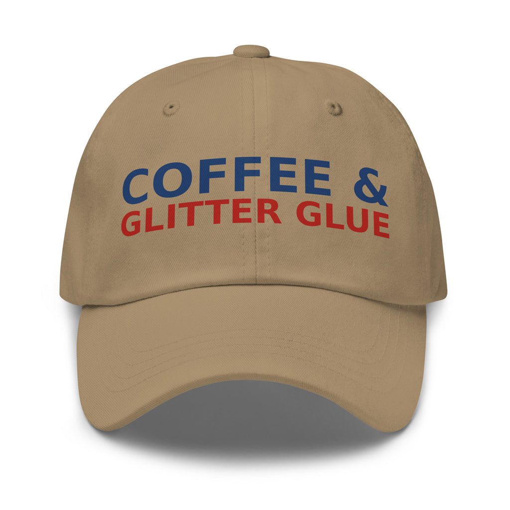 Powered By Coffee & Glitter Glue funny teacher dad hat in Khaki, front view