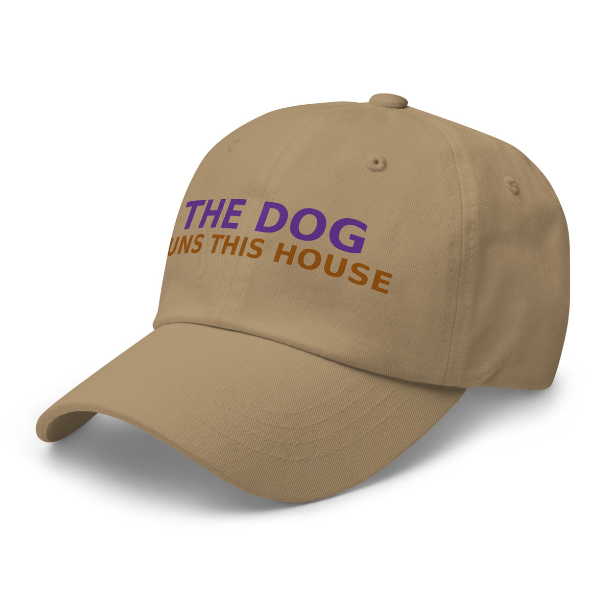 The Dog Runs This House, I Just Pay Rent dog lover dad hat in Khaki, left front view