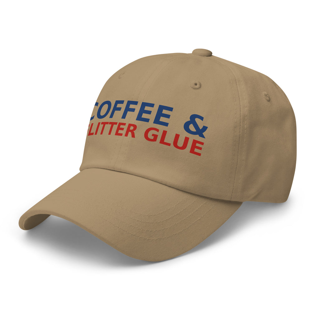 Powered By Coffee & Glitter Glue funny teacher dad hat in Khaki, left front view