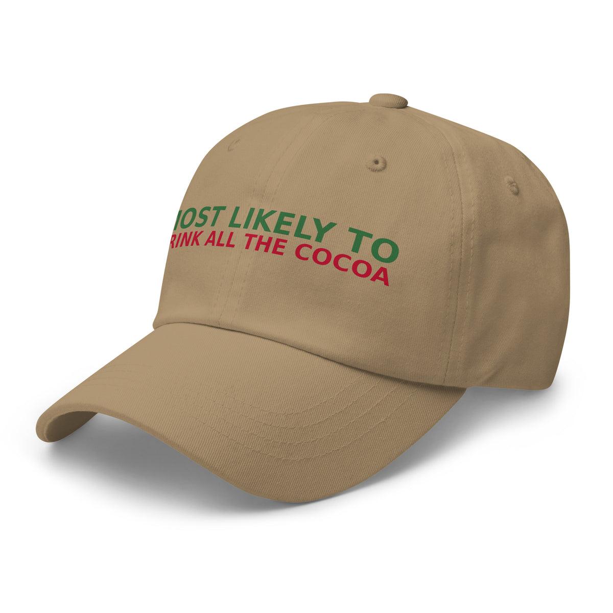 Most Likely To Drink All The Cocoa funny Christmas dad hat in Khaki, left front view