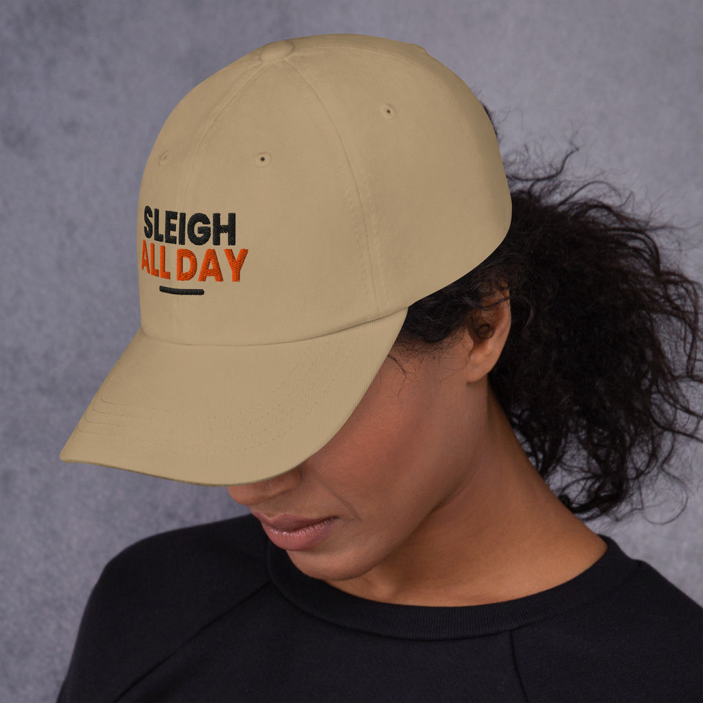 Sleigh All Day funny Christmas dad hat in Khaki, left side view
