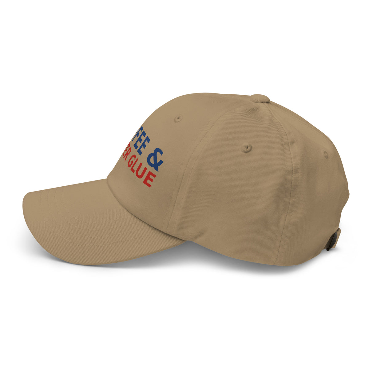 Powered By Coffee & Glitter Glue funny teacher dad hat in Khaki, left side view