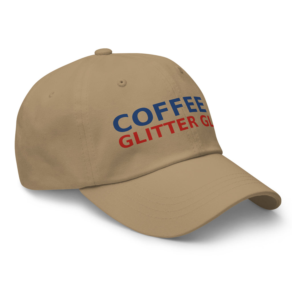 Powered By Coffee & Glitter Glue funny teacher dad hat in Khaki, right front view
