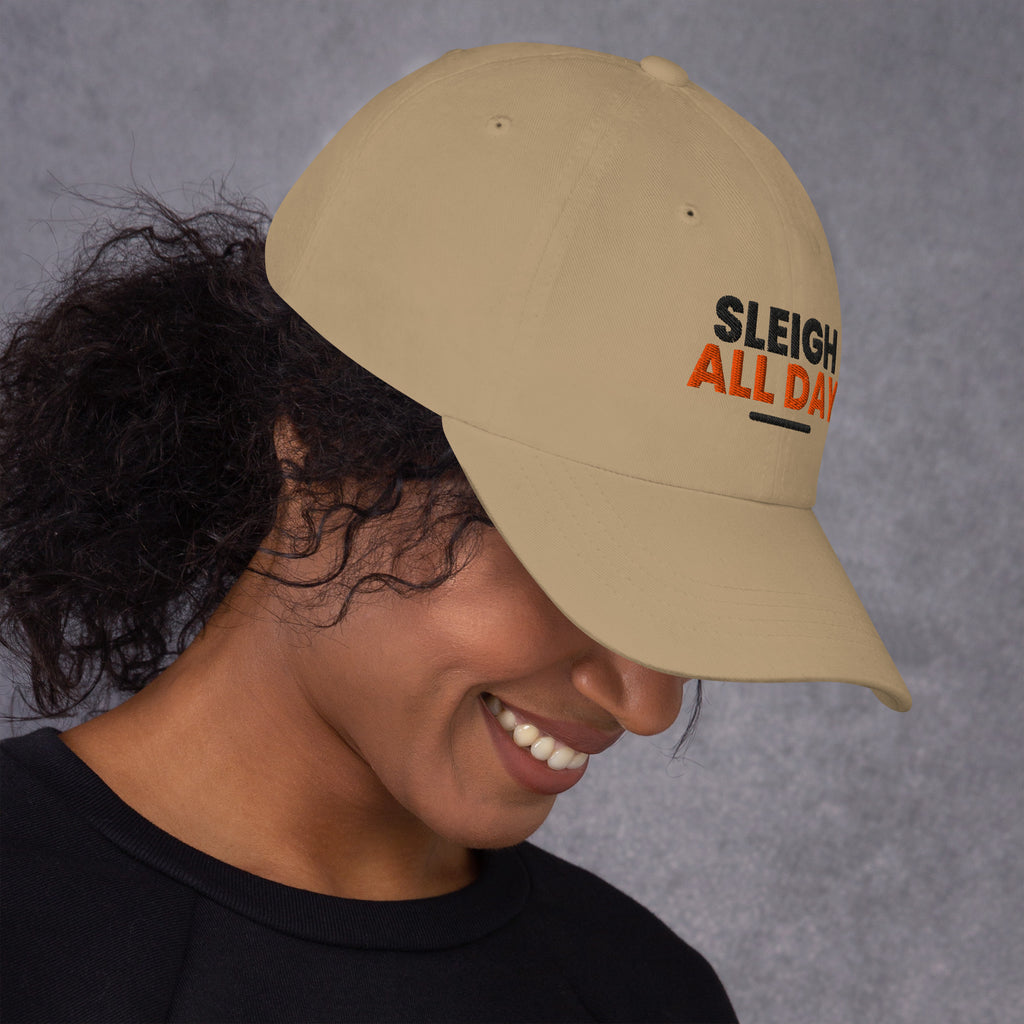 Sleigh All Day funny Christmas dad hat in Khaki, right side view