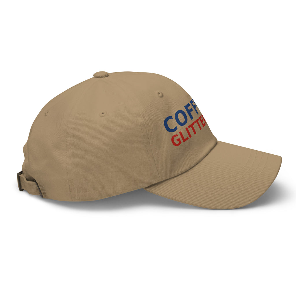 Powered By Coffee & Glitter Glue funny teacher dad hat in Khaki, right side view