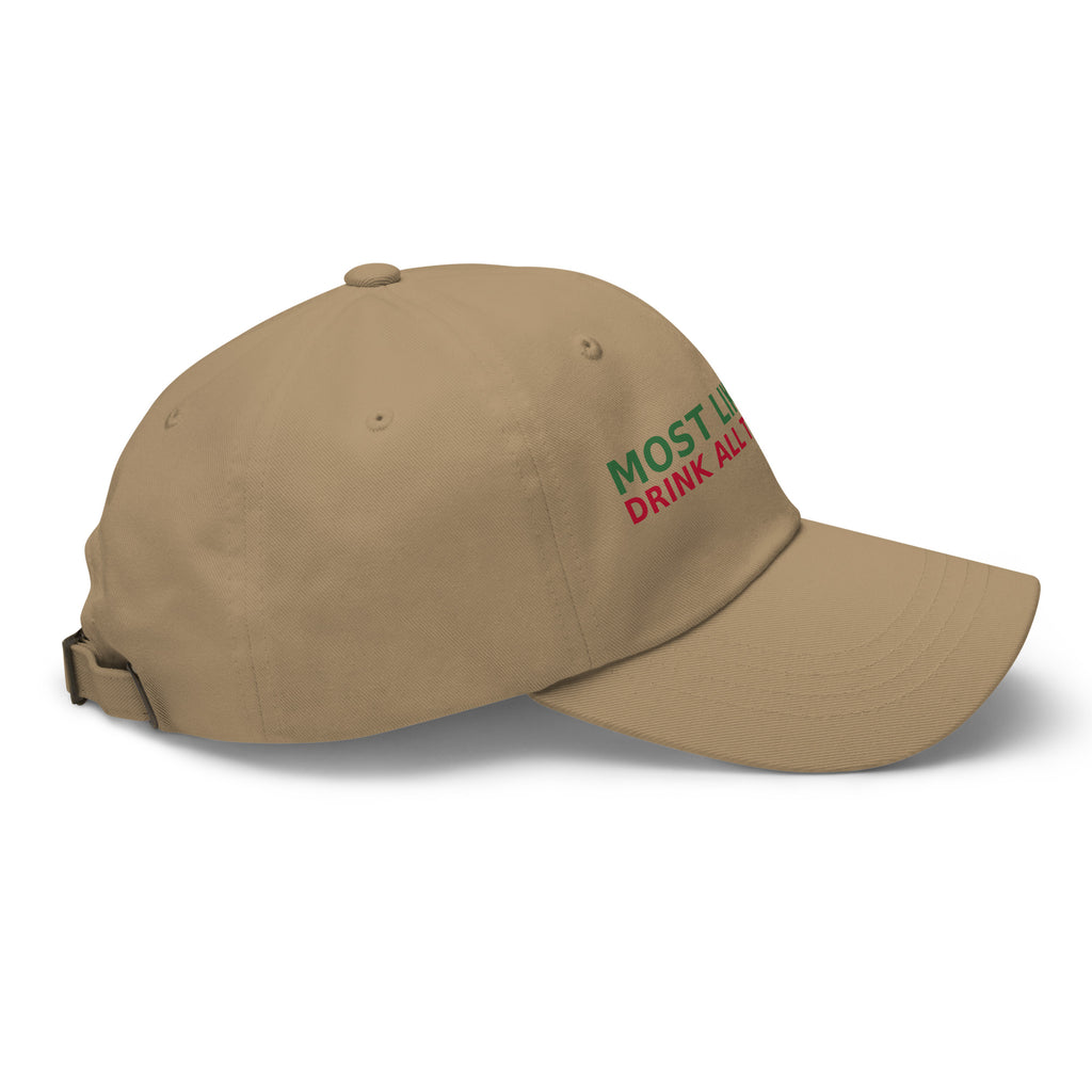 Most Likely To Drink All The Cocoa funny Christmas dad hat in Khaki, right side view