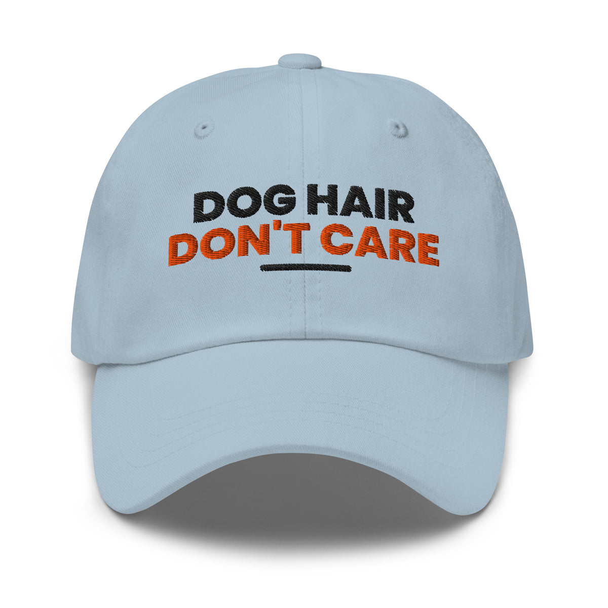 Dog Hair Don't Care dog lover dad hat in Light Blue, front view