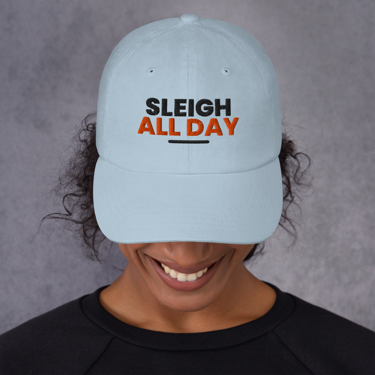 Sleigh All Day funny Christmas dad hat in Light Blue, front view