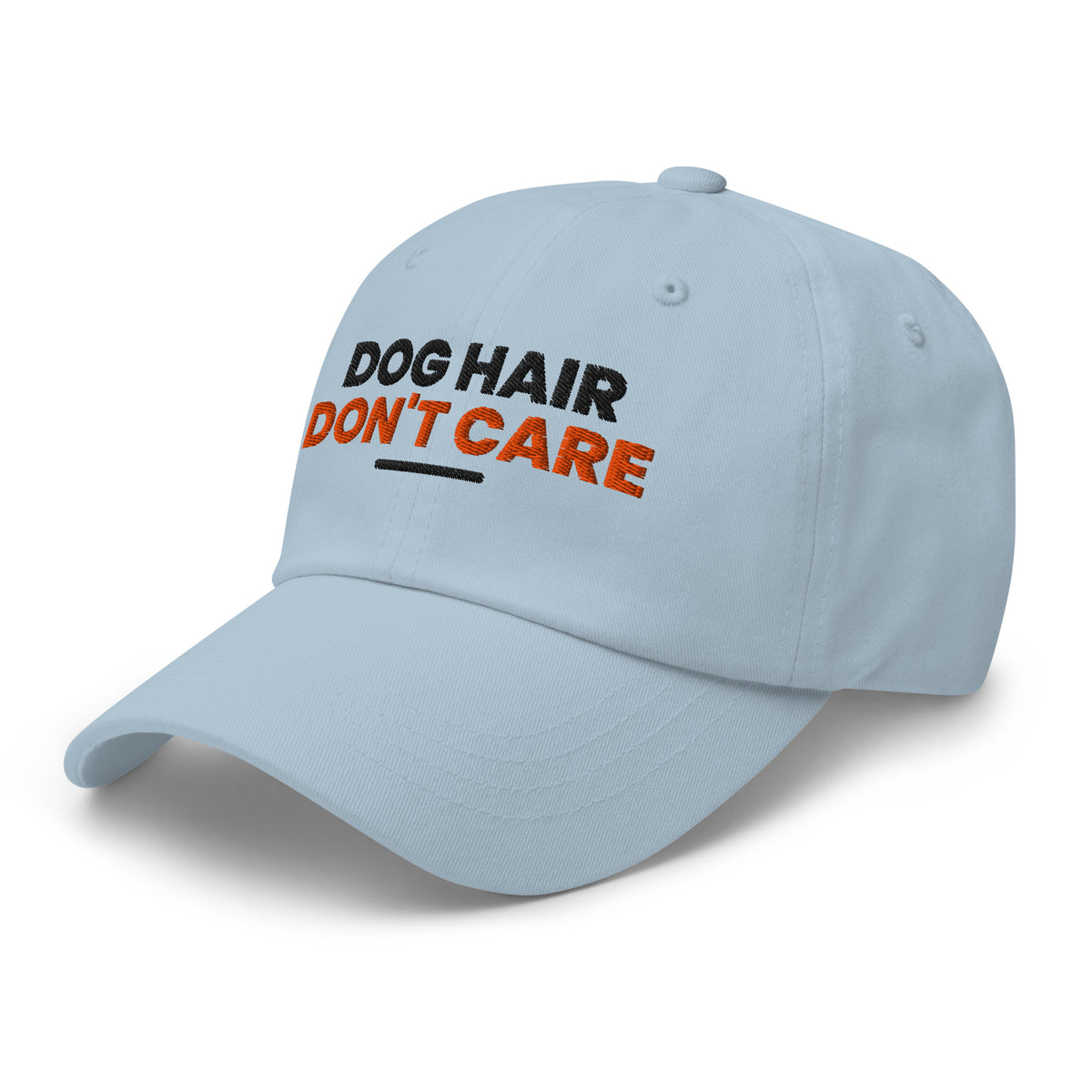 Dog Hair Don't Care dog lover dad hat in Light Blue, left front view