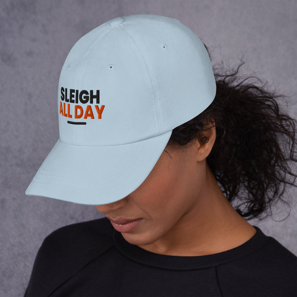 Sleigh All Day funny Christmas dad hat in Light Blue, left side view