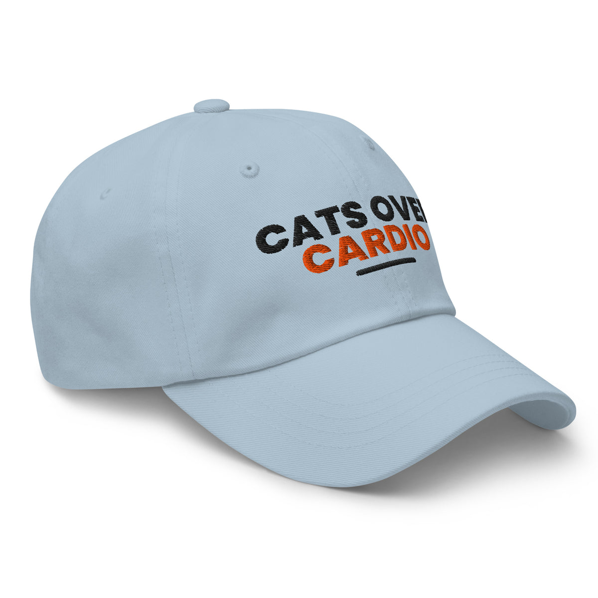 Cats Over Cardio cat lover dad hat in Light Blue, right front view