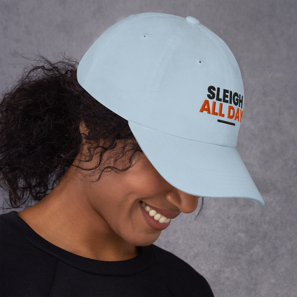 Sleigh All Day funny Christmas dad hat in Light Blue, right side view