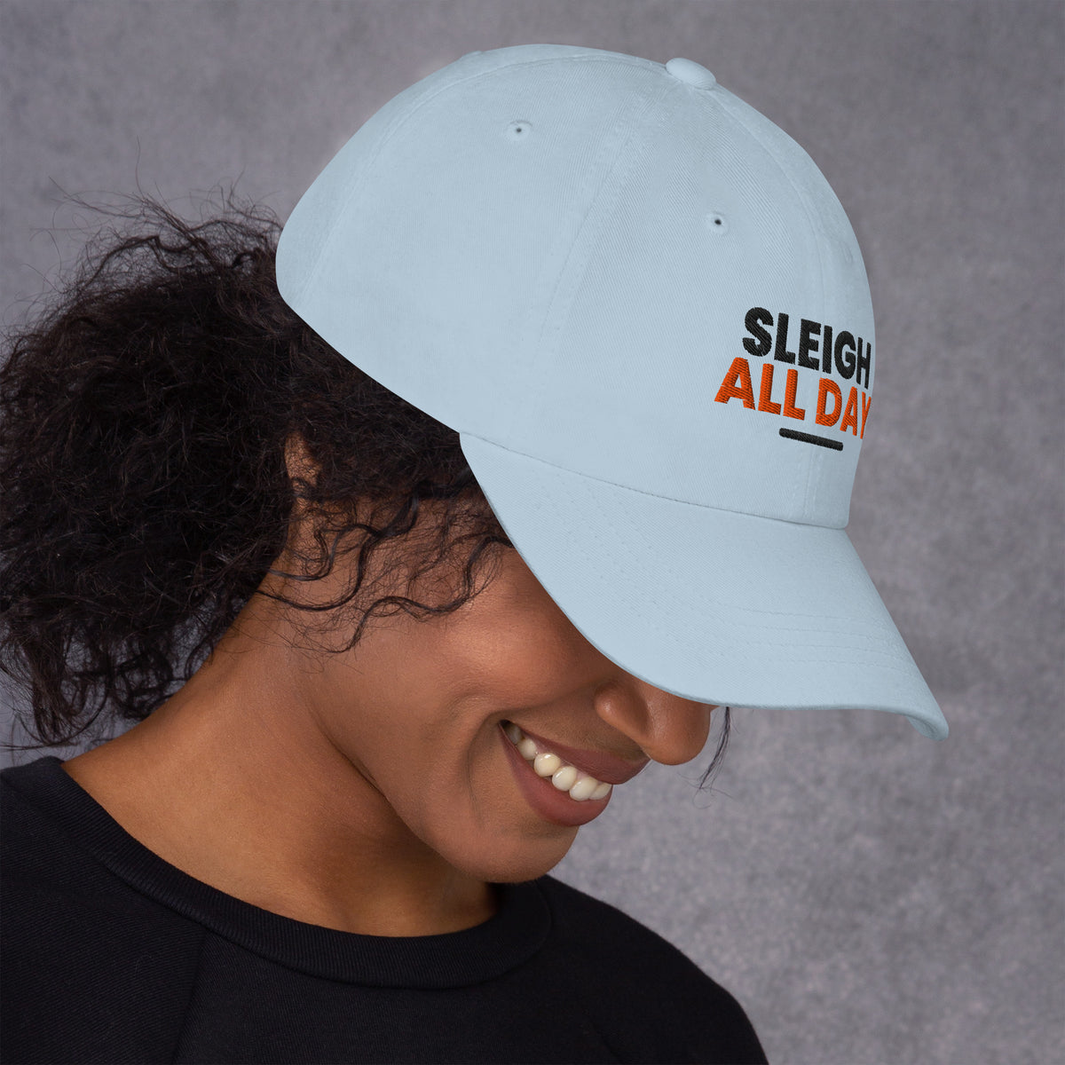 Sleigh All Day funny Christmas dad hat in Light Blue, right side view