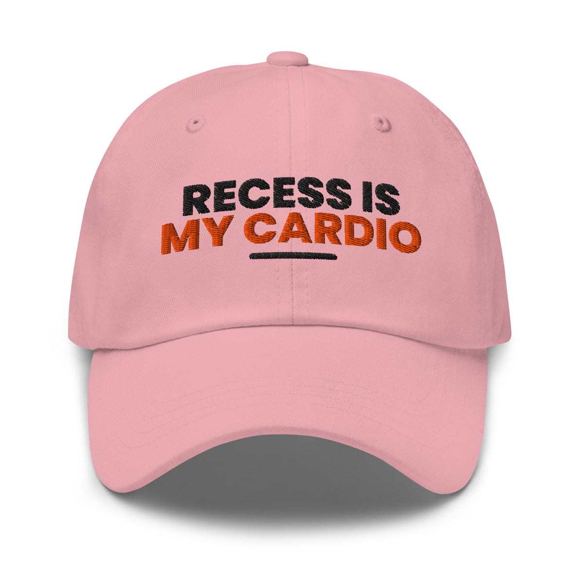 Recess Is My Cardio funny teacher dad hat in Pink, front view