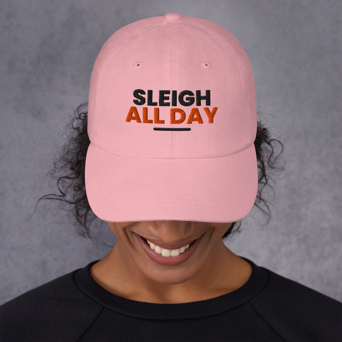Sleigh All Day funny Christmas dad hat in Pink, front view