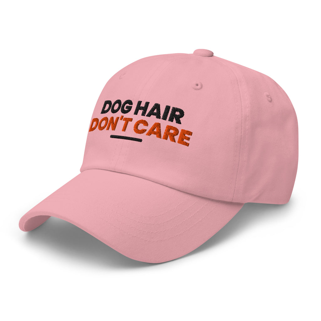 Dog Hair Don't Care dog lover dad hat in Pink, left front view
