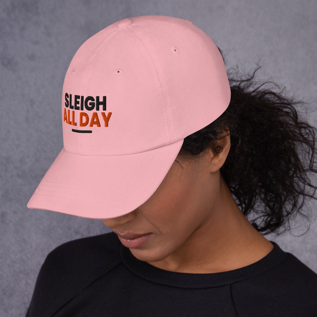 Sleigh All Day funny Christmas dad hat in Pink, left side view
