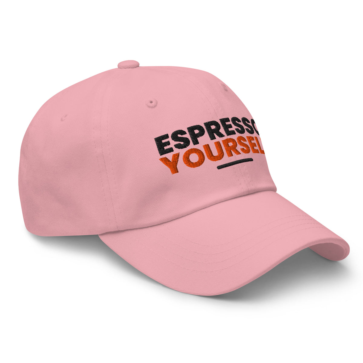 Espresso Yourself coffee lover dad hat in Pink, right front view