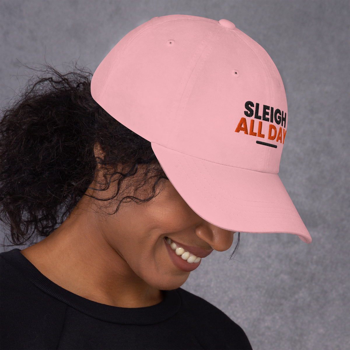 Sleigh All Day funny Christmas dad hat in Pink, right side view