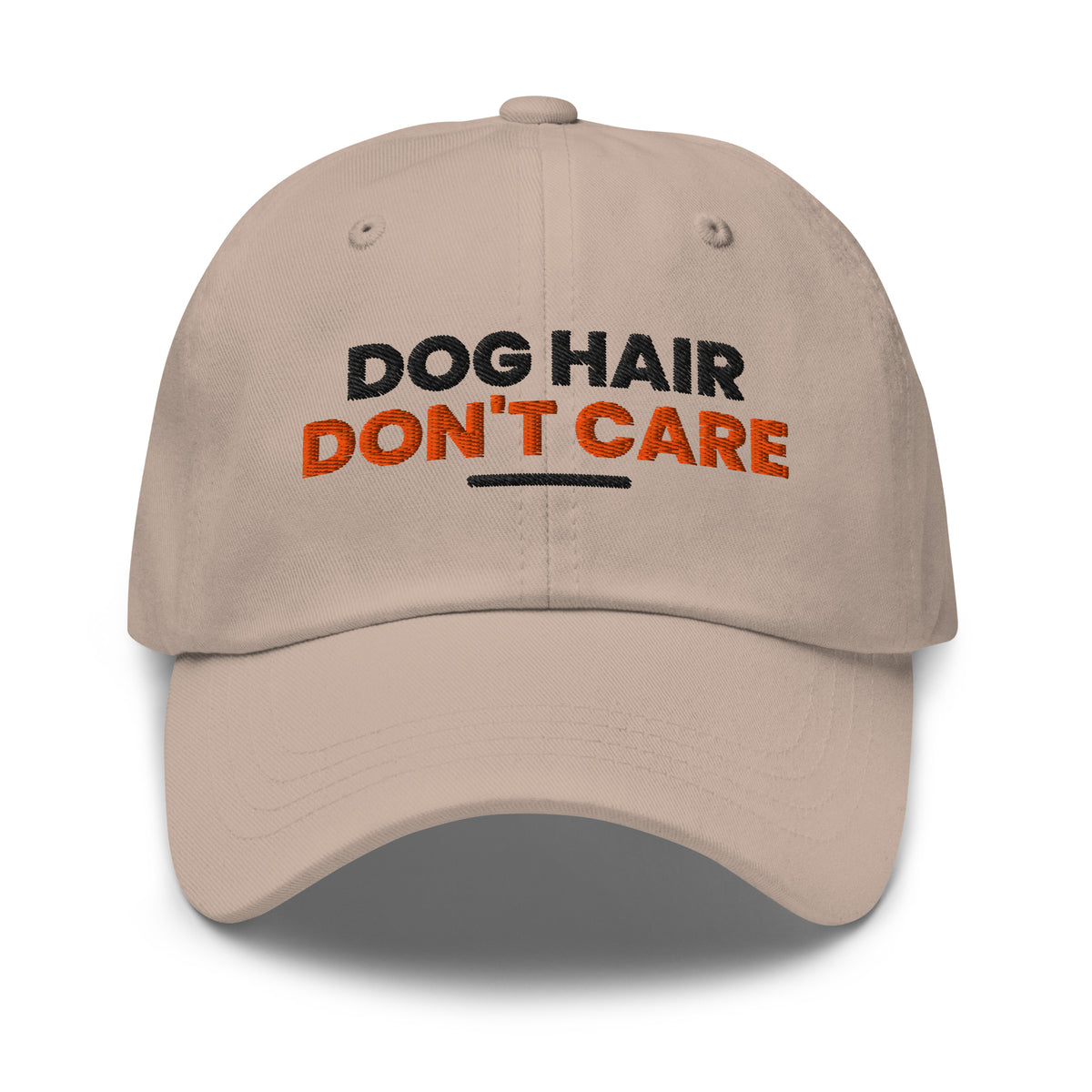 Dog Hair Don't Care dog lover dad hat in Stone, front view