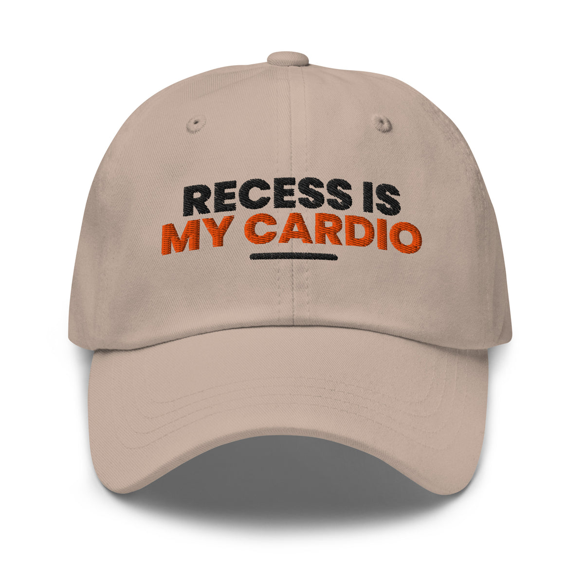 Recess Is My Cardio funny teacher dad hat in Stone, front view