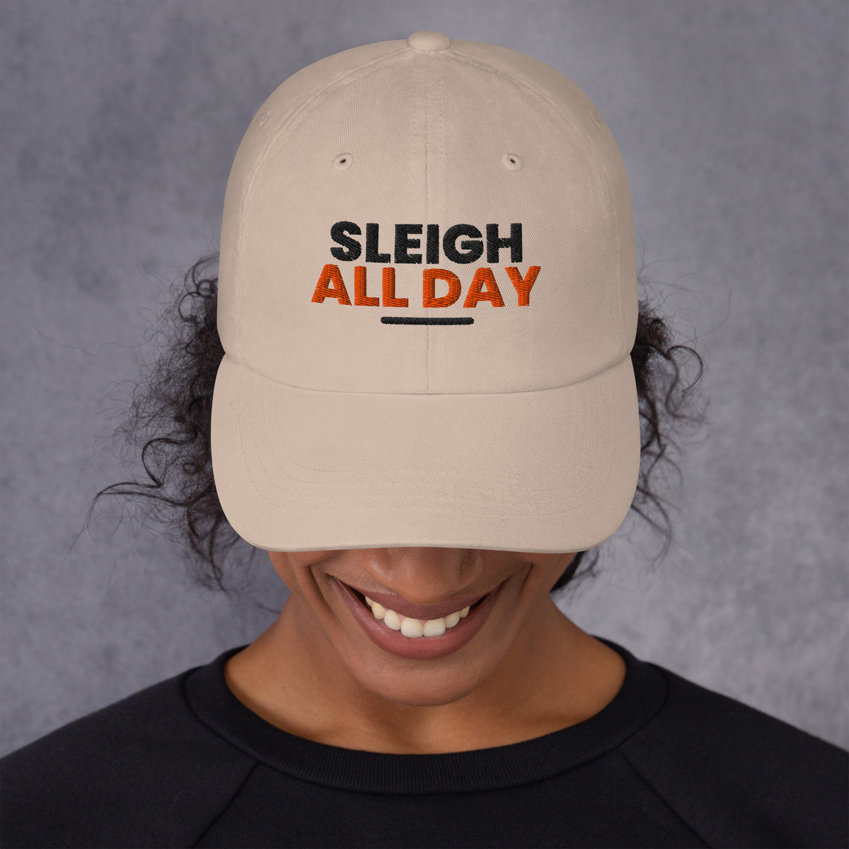 Sleigh All Day funny Christmas dad hat in Stone, front view