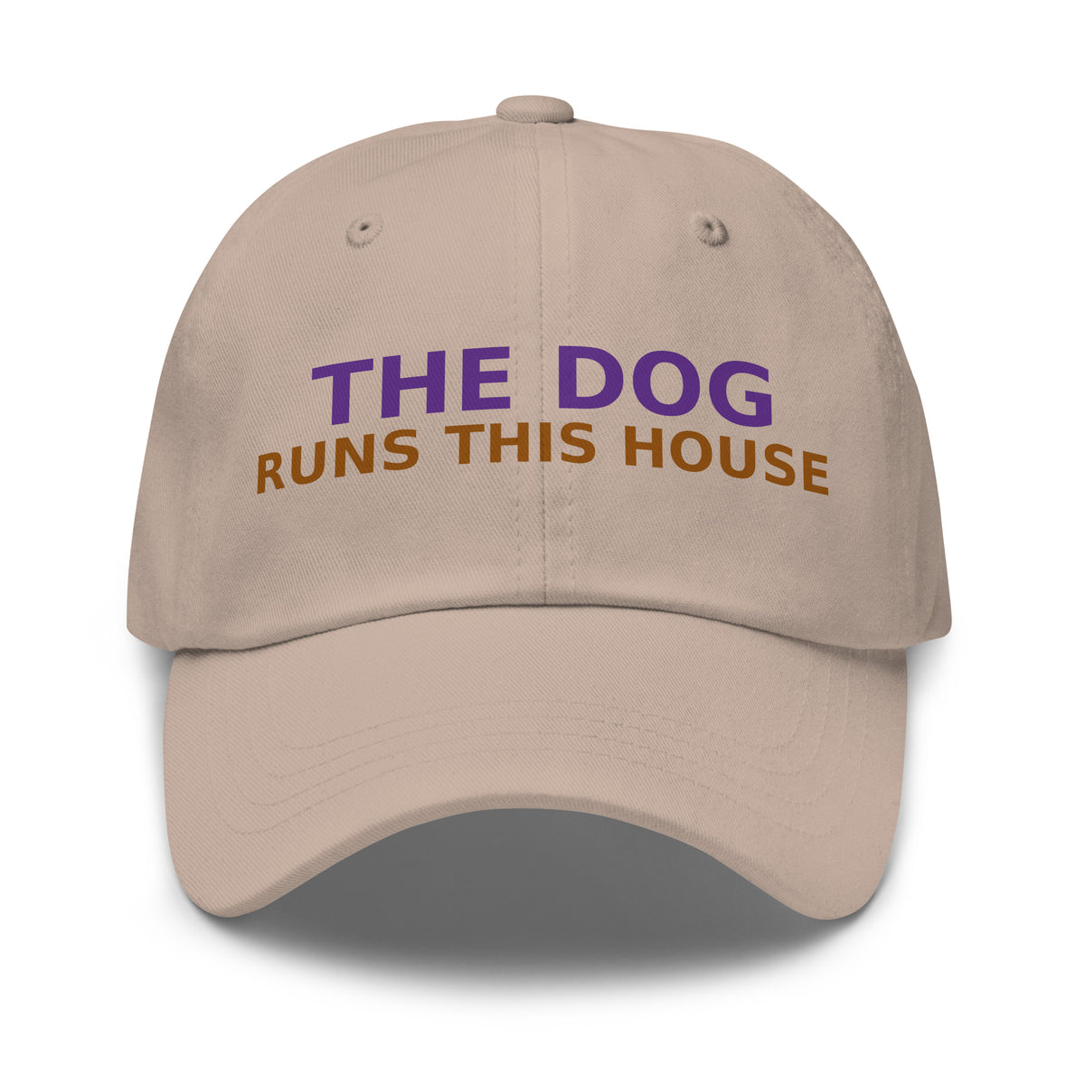 The Dog Runs This House, I Just Pay Rent dog lover dad hat in Stone, front view