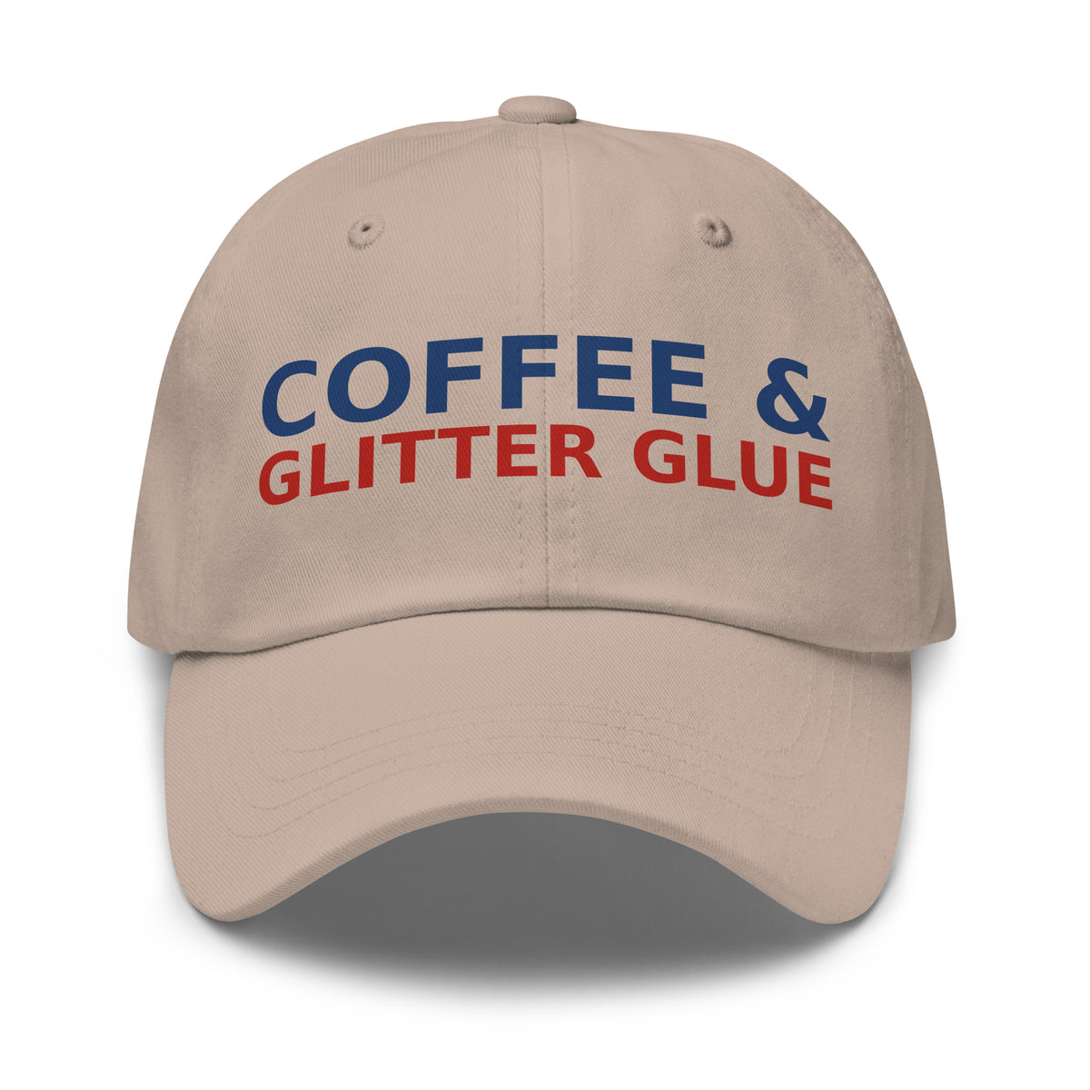 Powered By Coffee & Glitter Glue funny teacher dad hat in Stone, front view