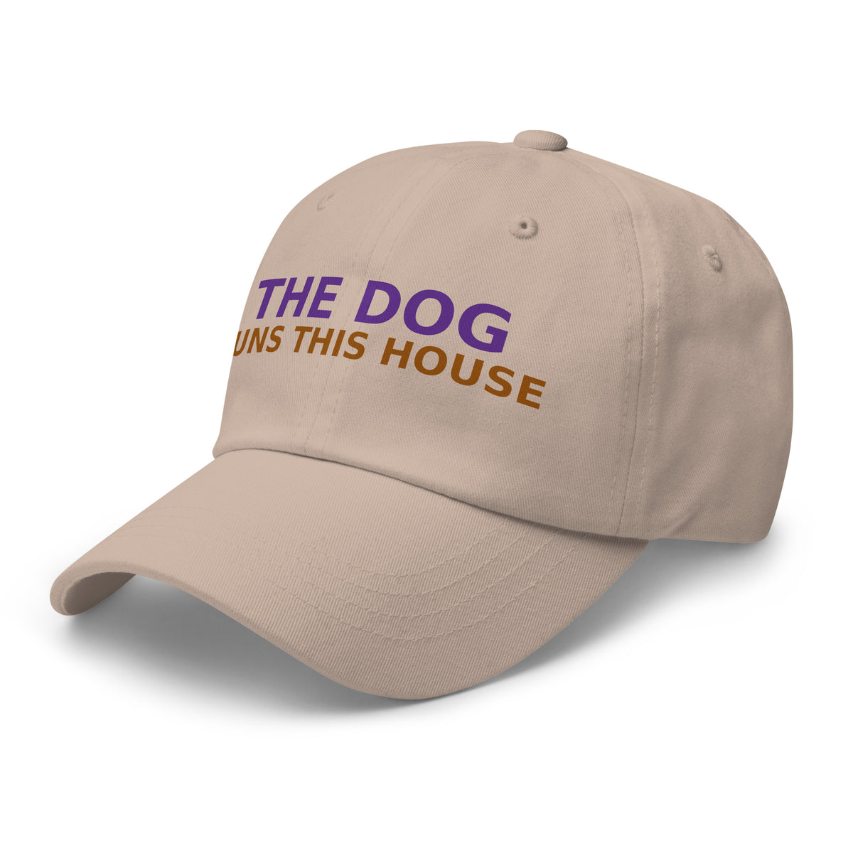 The Dog Runs This House, I Just Pay Rent dog lover dad hat in Stone, left front view