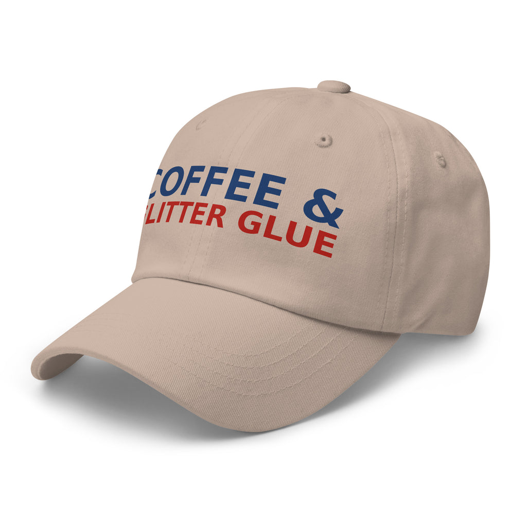 Powered By Coffee & Glitter Glue funny teacher dad hat in Stone, left front view