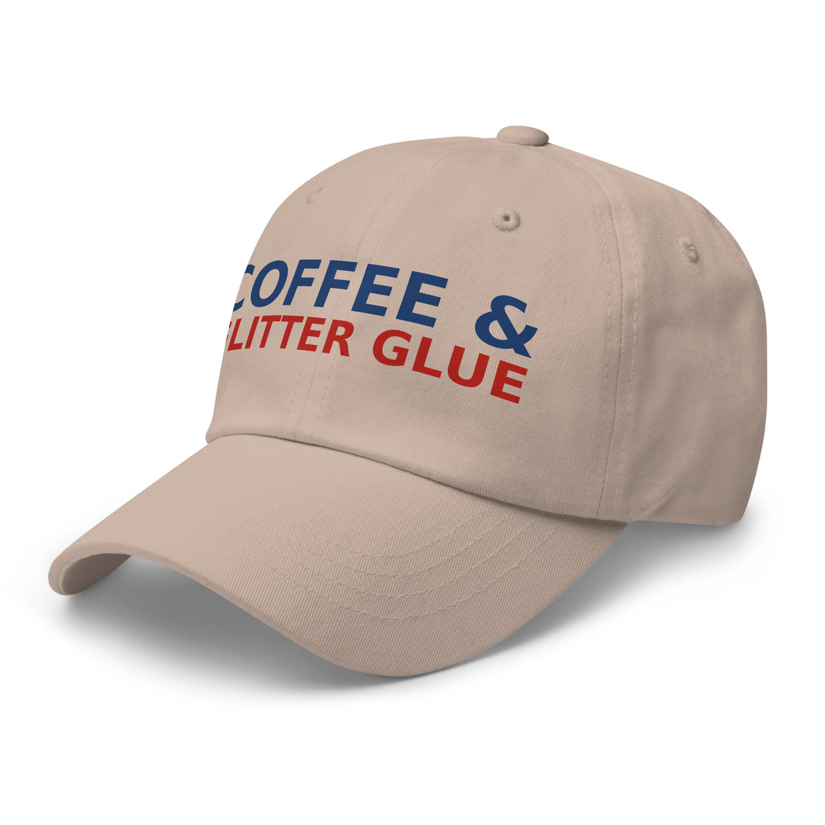 Powered By Coffee & Glitter Glue funny teacher dad hat in Stone, left front view