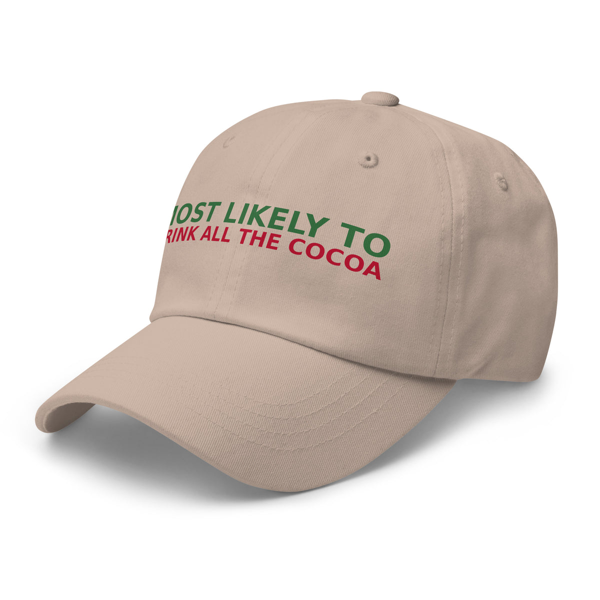 Most Likely To Drink All The Cocoa funny Christmas dad hat in Stone, left front view
