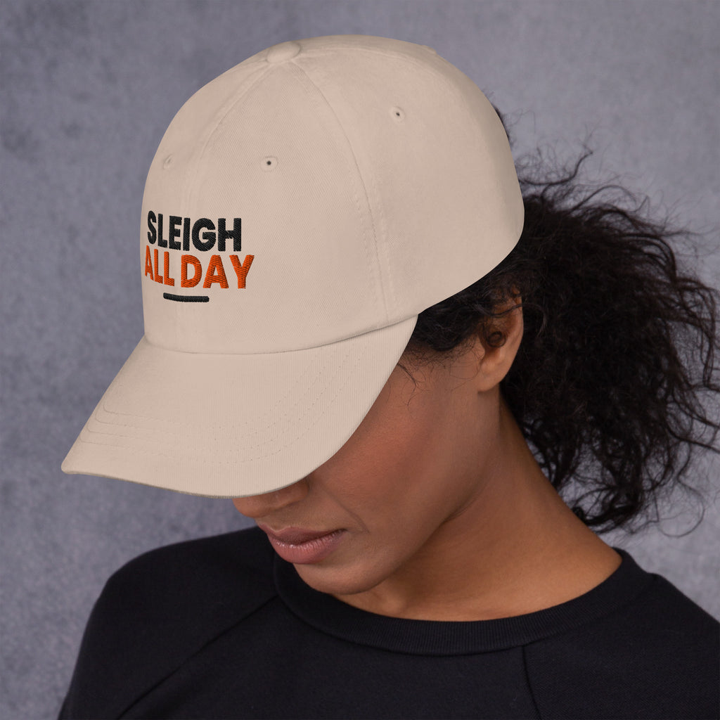 Sleigh All Day funny Christmas dad hat in Stone, left side view