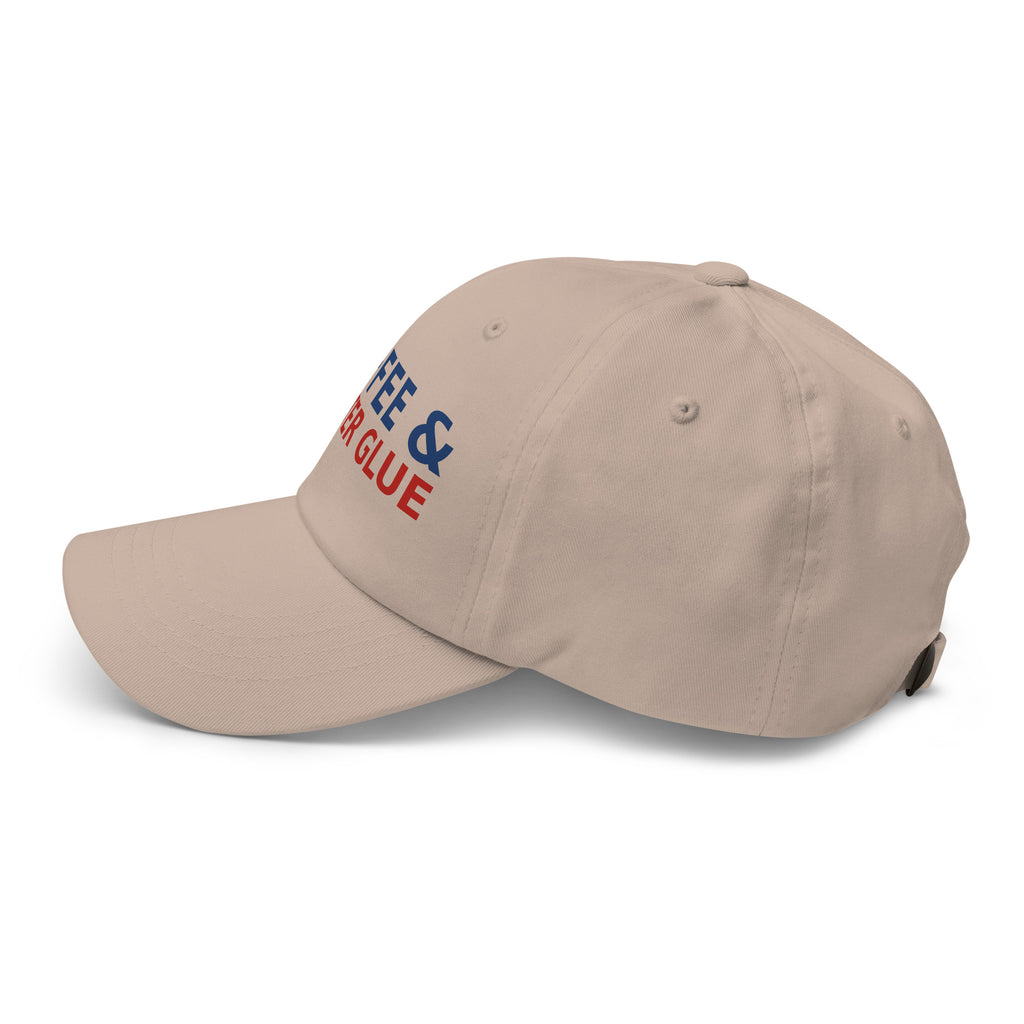 Powered By Coffee & Glitter Glue funny teacher dad hat in Stone, left side view