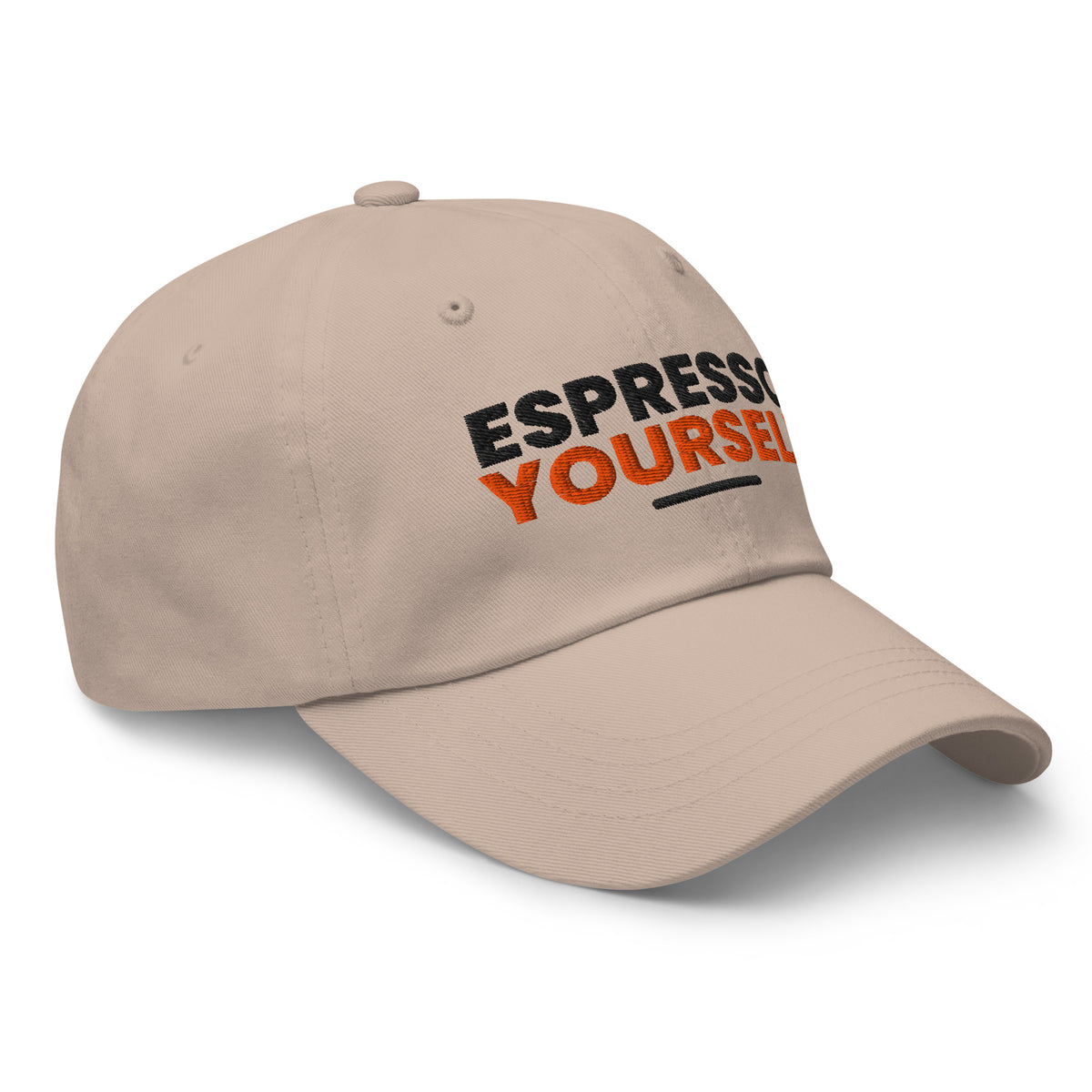 Espresso Yourself coffee lover dad hat in Stone, right front view