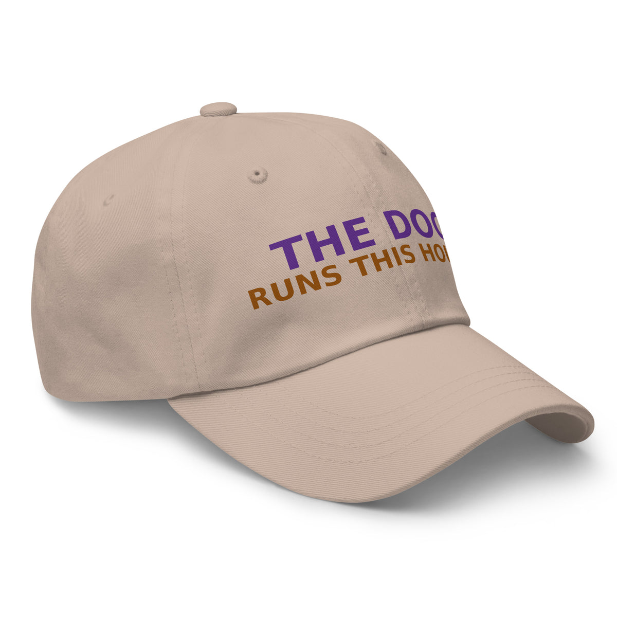 The Dog Runs This House, I Just Pay Rent dog lover dad hat in Stone, right front view