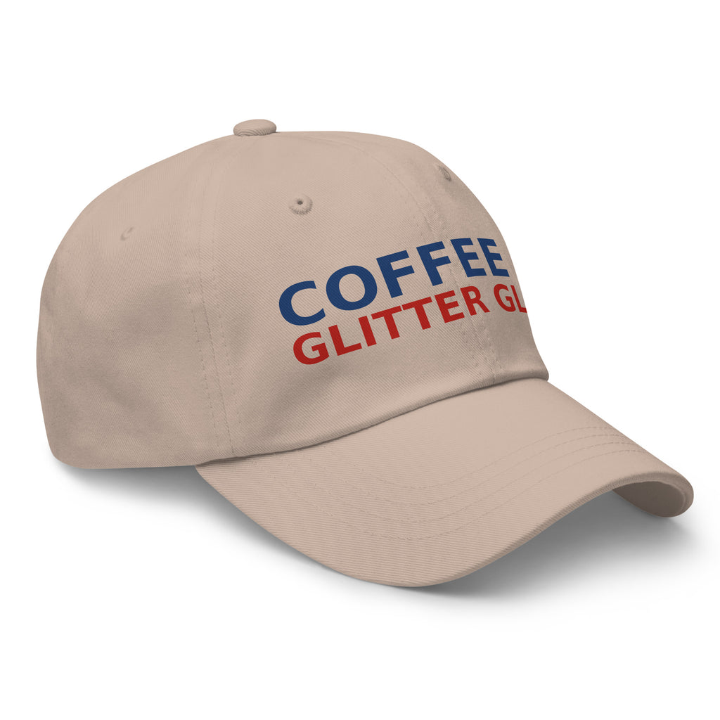 Powered By Coffee & Glitter Glue funny teacher dad hat in Stone, right front view