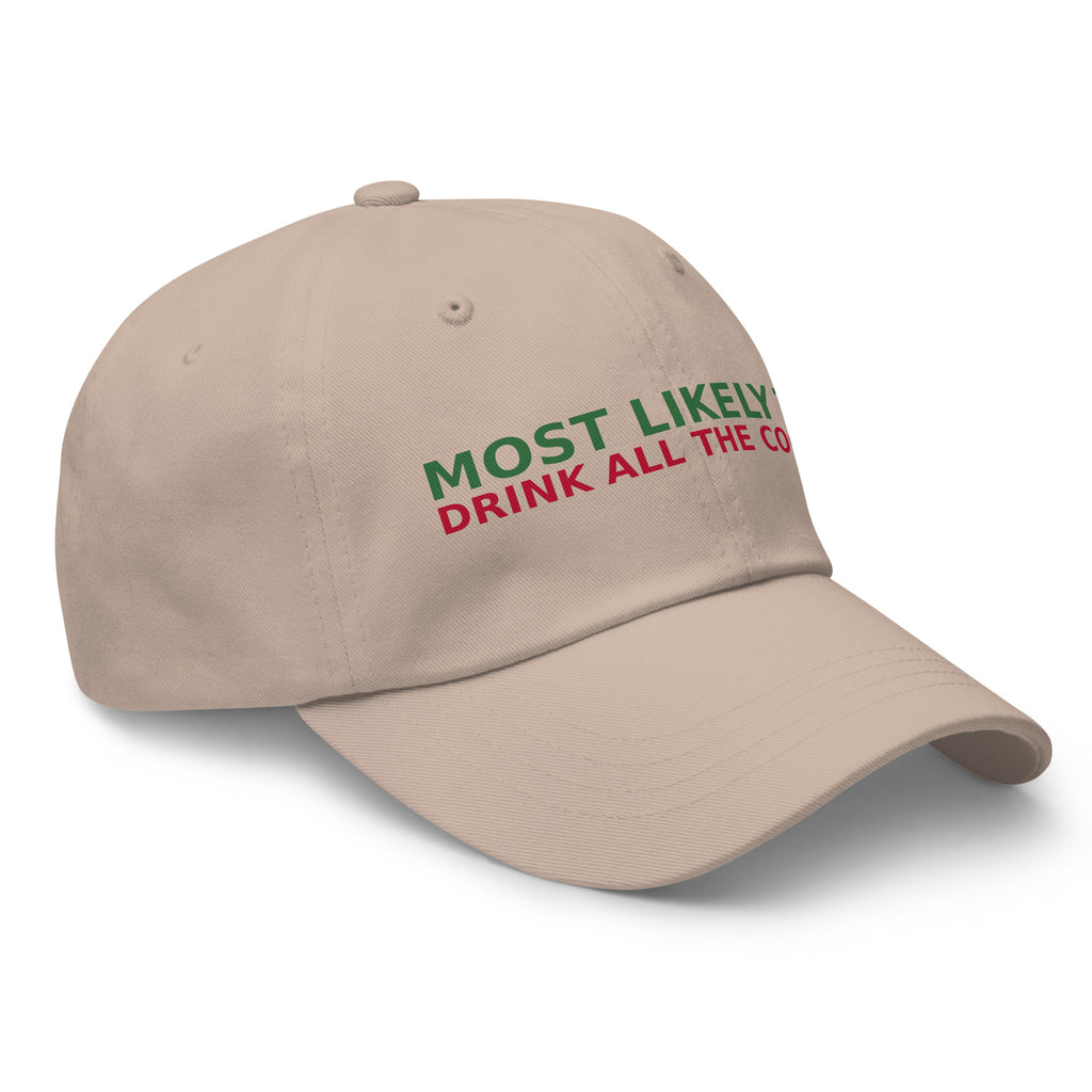 Most Likely To Drink All The Cocoa funny Christmas dad hat in Stone, right front view