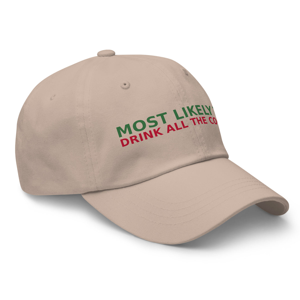 Most Likely To Drink All The Cocoa funny Christmas dad hat in Stone, right front view