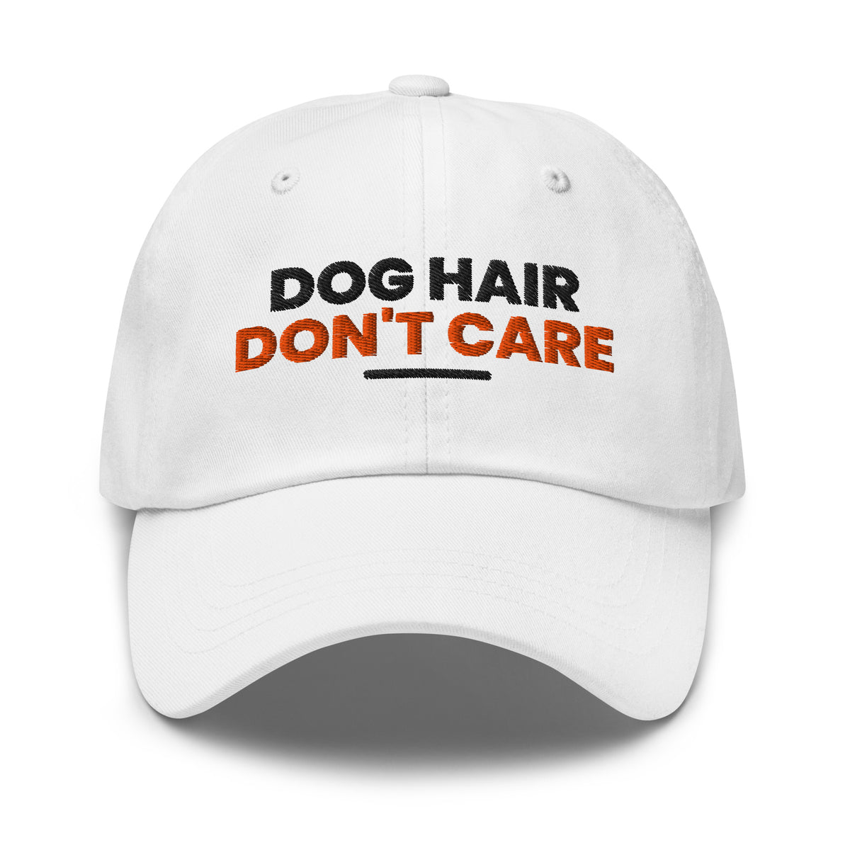 Dog Hair Don't Care dog lover dad hat in White, front view