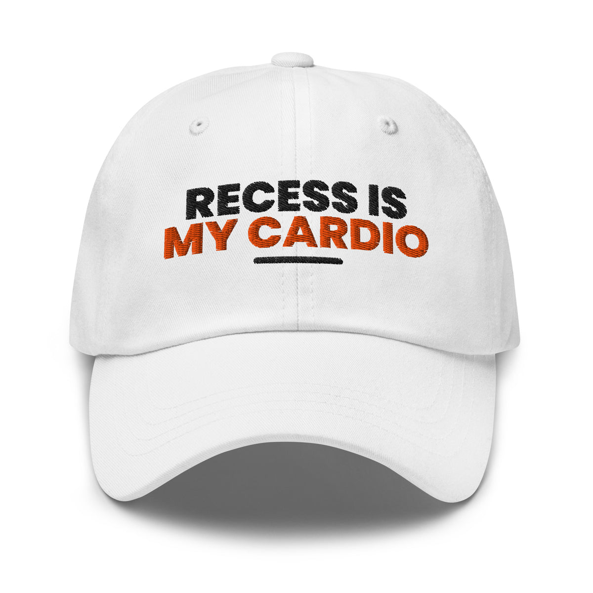 Recess Is My Cardio funny teacher dad hat in White, front view