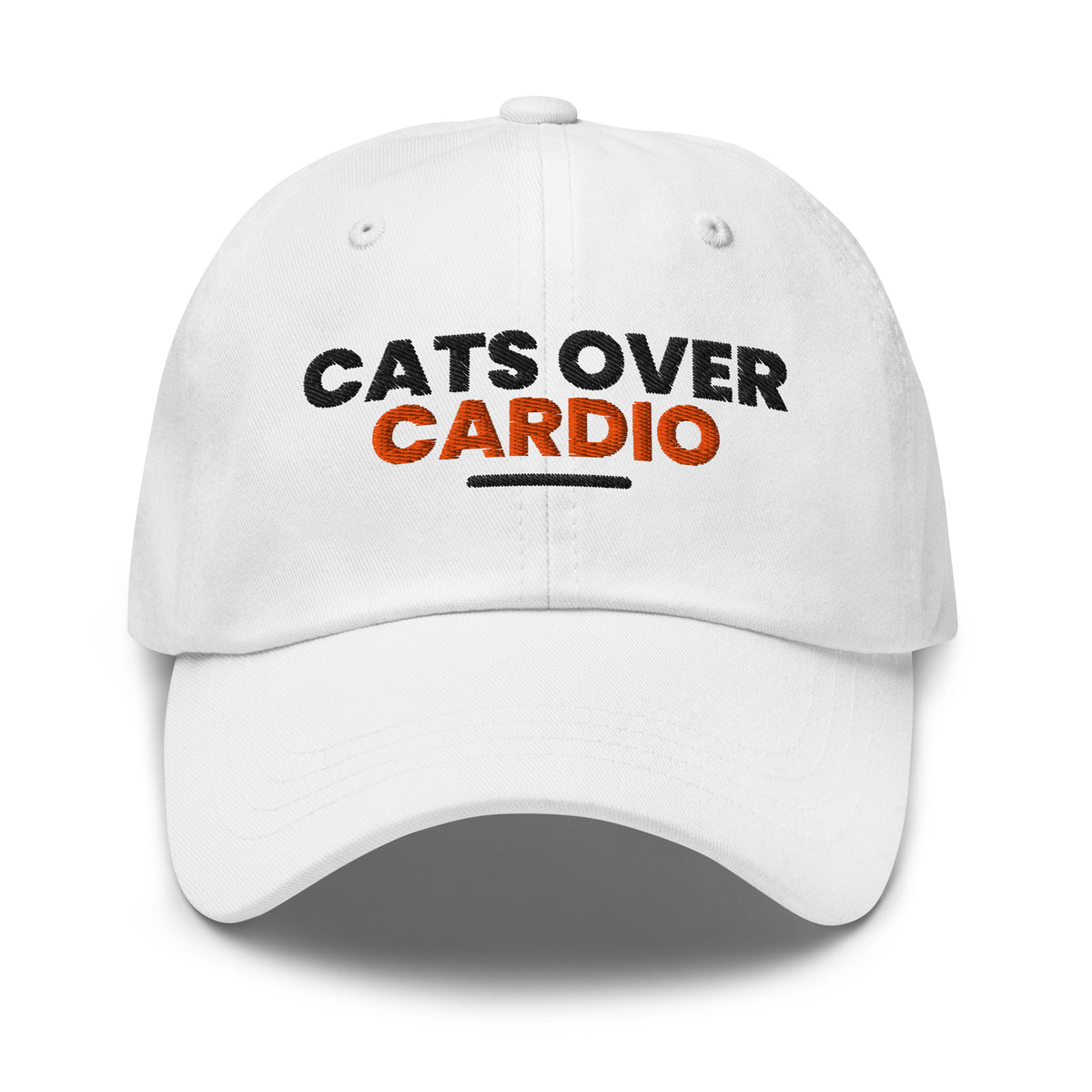 Cats Over Cardio cat lover dad hat in White, front view